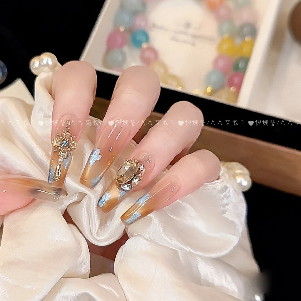 焦糖玛奇朵 手工穿戴甲焦糖琥珀镶钻秋冬光疗美甲可拆卸穿戴甲