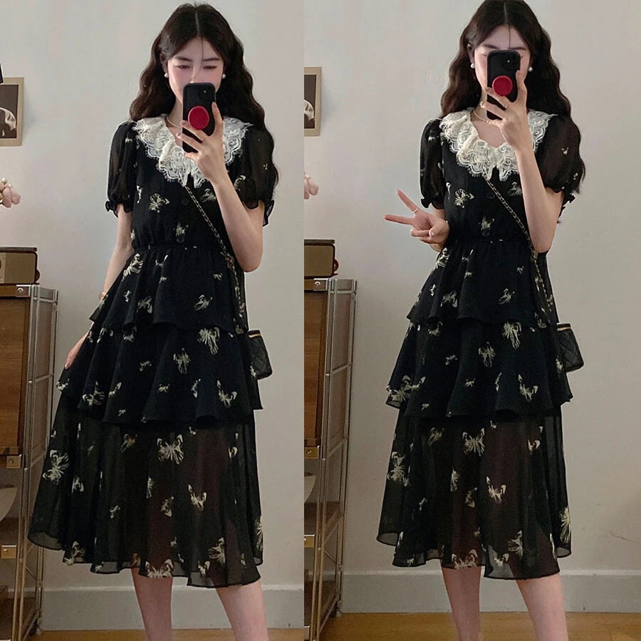 大码蕾丝拼接黑色蛋糕连衣裙胖mm新款V领收腰显瘦气质长裙复古