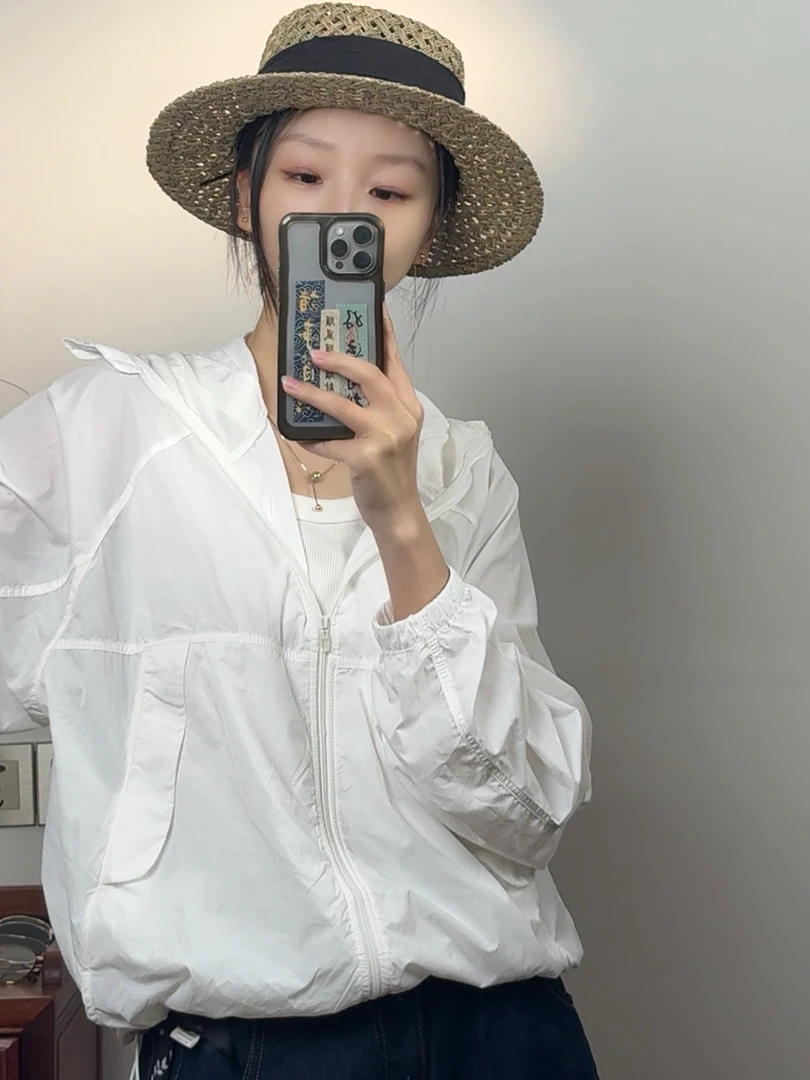 100%锦纶新款防晒衣短款宽松薄款外套轻薄透气连帽时尚夏季防晒潮