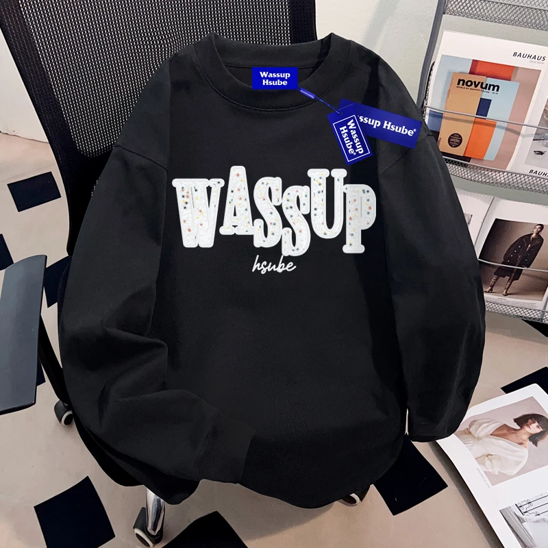 WASSUP HSUBE潮牌设计感字母印花圆领上衣秋季重磅vintage长袖t恤