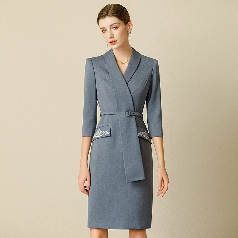 231042蓝色新中式国风西装连衣裙女夏季播音主持人正装气质C