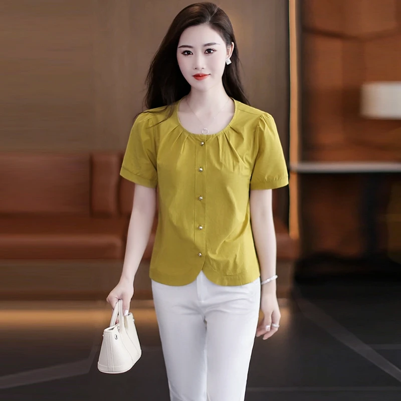 法式短袖衬衫女士上衣2025夏季新款时尚洋气宽松百搭短款减龄小衫