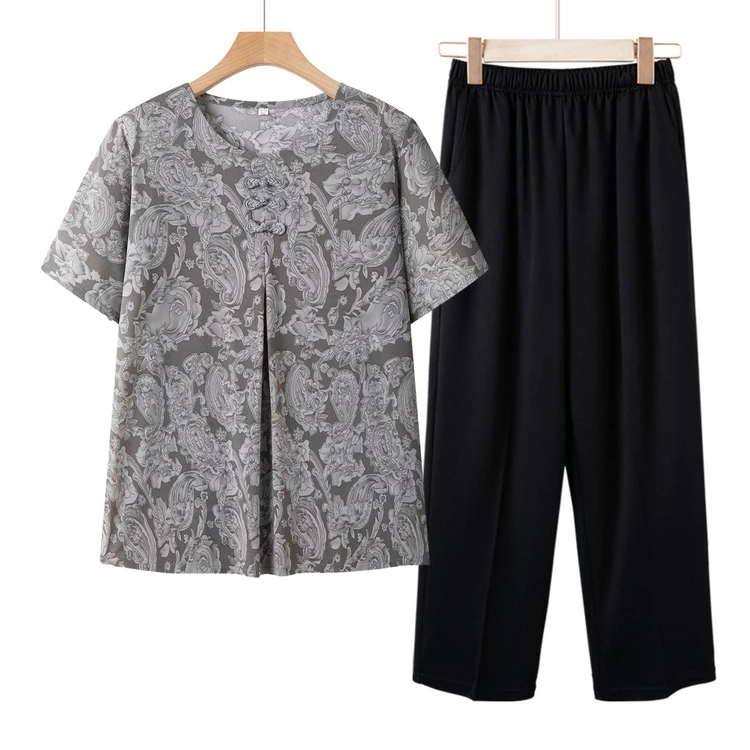 妈妈短袖T恤衬衫老人老太太衣服两件停夏季中老年人夏装套装2025