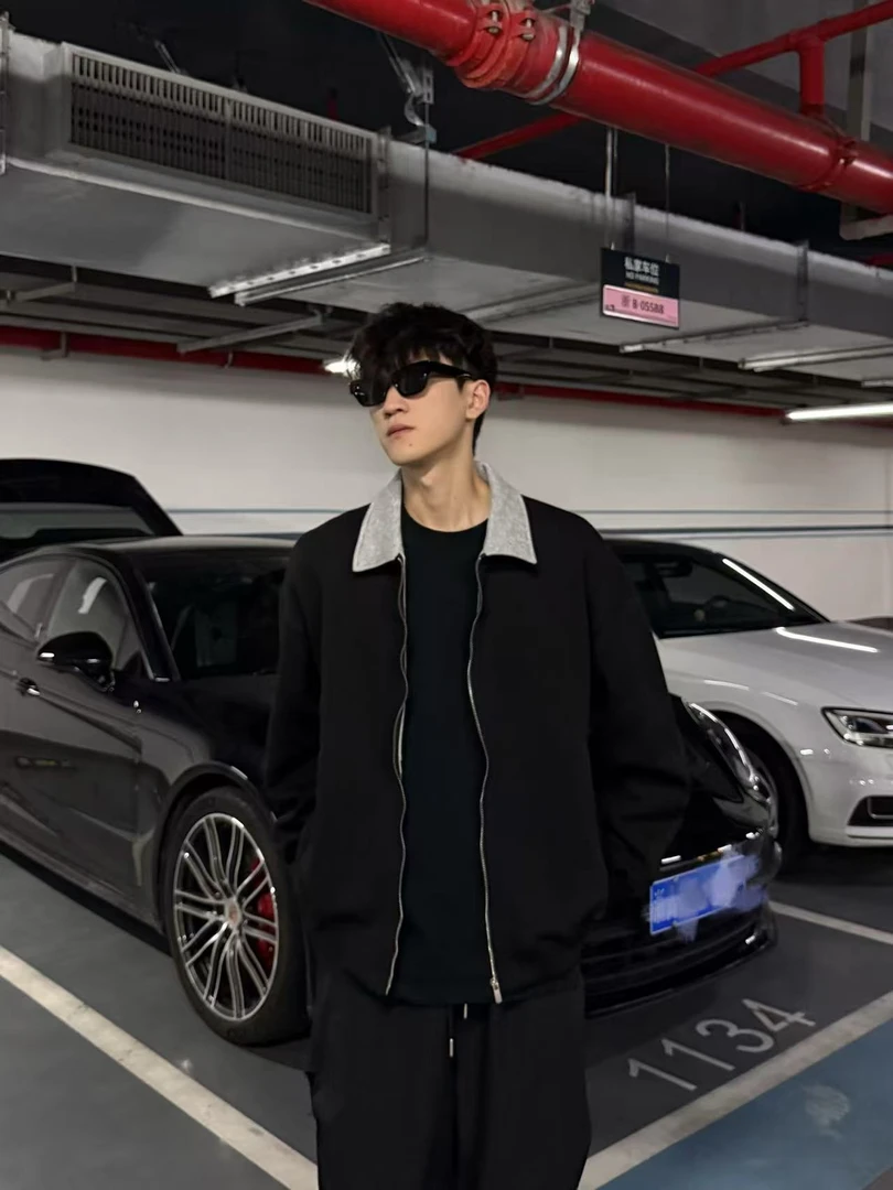 WanKu秋季美式高级感翻领撞色重磅430g开衫卫衣外套男百搭宽松