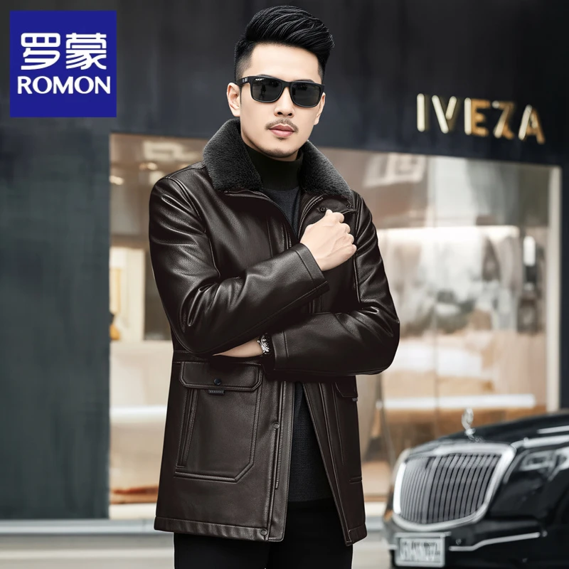 罗蒙2025新款男士加绒加厚皮衣爸爸装外套保暖皮夹克毛领休闲外套