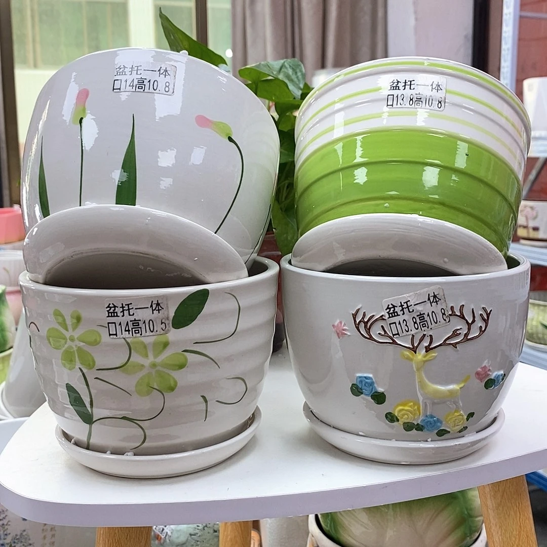 陶瓷@陶瓷花盆@@四个手绘