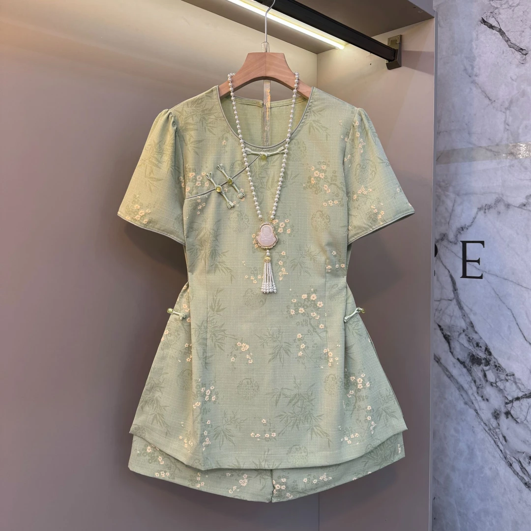 2025新中式复古提花双层开叉盘扣上衣+短裤显瘦两件套2521