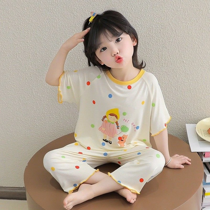 儿童睡衣夏季莫代尔新款女童套装薄款女孩短袖家居服宝宝空调服【