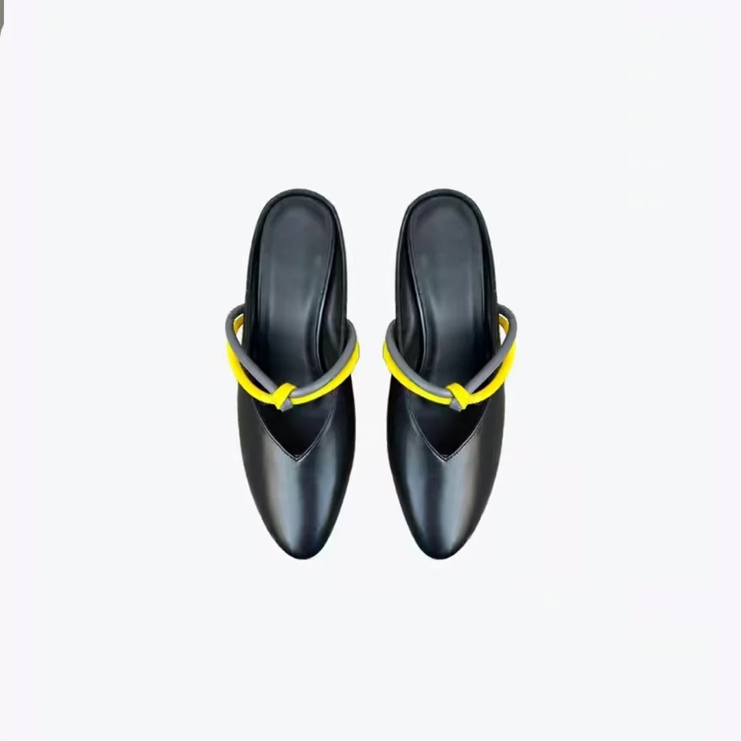 新款经典女士复古时尚洋气撞色一字带包头尖头穆勒拖鞋20250610