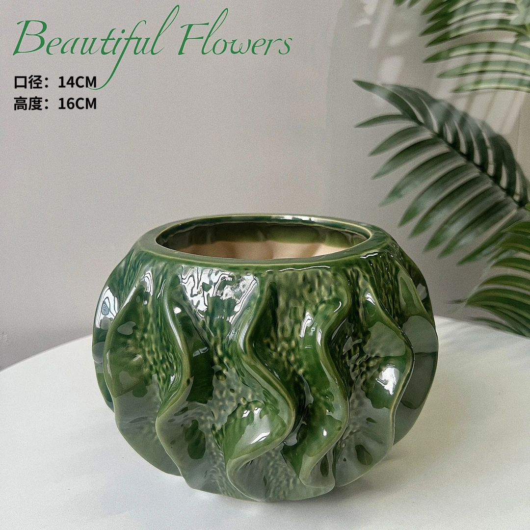 橄榄绿创意口14高16鲜花绿植通用陶瓷肚肚摆件家居花盆