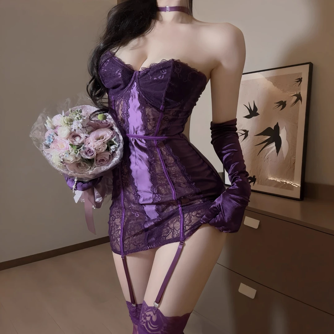 性感蕾丝包臀裙女高级感抹胸裙紧身睡裙带胸垫睡衣纯欲显瘦战袍