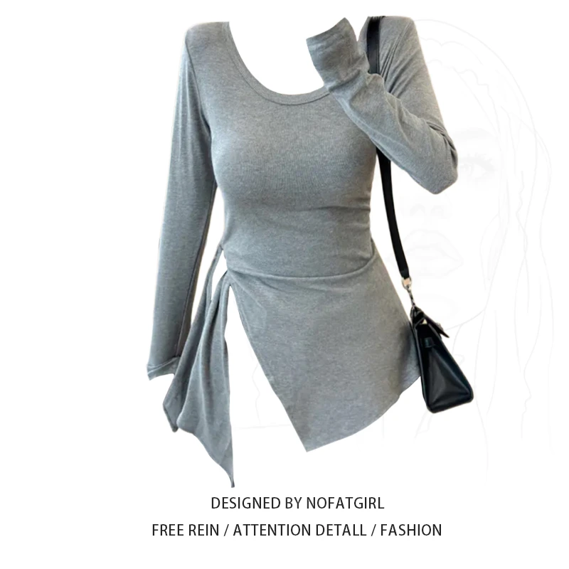 大码胖妹妹辣妹不规则绑带收腰打底衫早秋修身长袖开叉显瘦T恤女