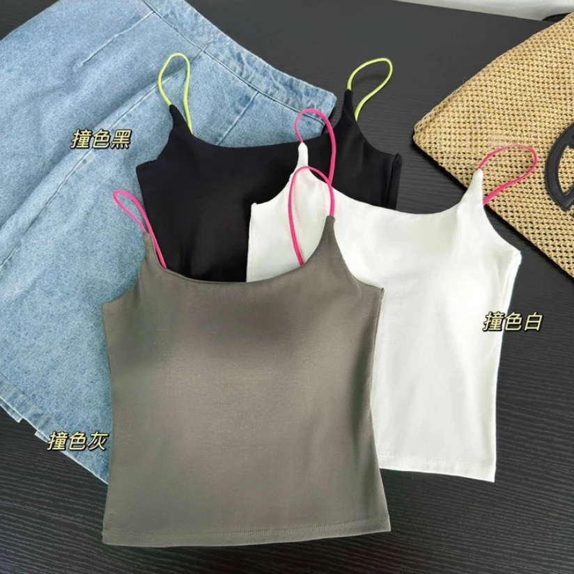 法式别致撞色吊带背心女夏季内搭u型美背一体带胸垫后背镂空上衣L