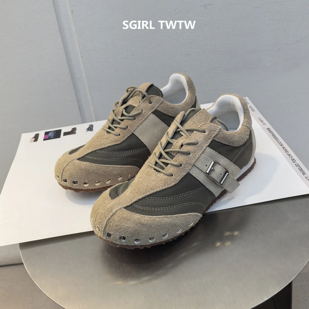SGIRL TWTW2026年春季新款真皮拼色铆钉系带平底时尚休闲鞋阿甘鞋