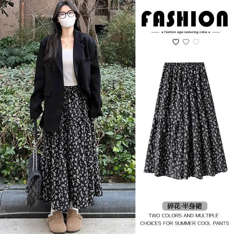 法式黑色碎花半身裙女春2025新款高腰显瘦遮胯秋冬高腰a字中长裙