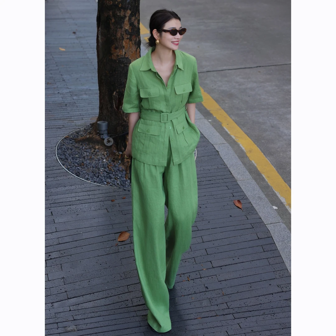 ZEROYK高级感极简老钱风时尚套装绿色亚麻系带收腰衬衫裤子两件套