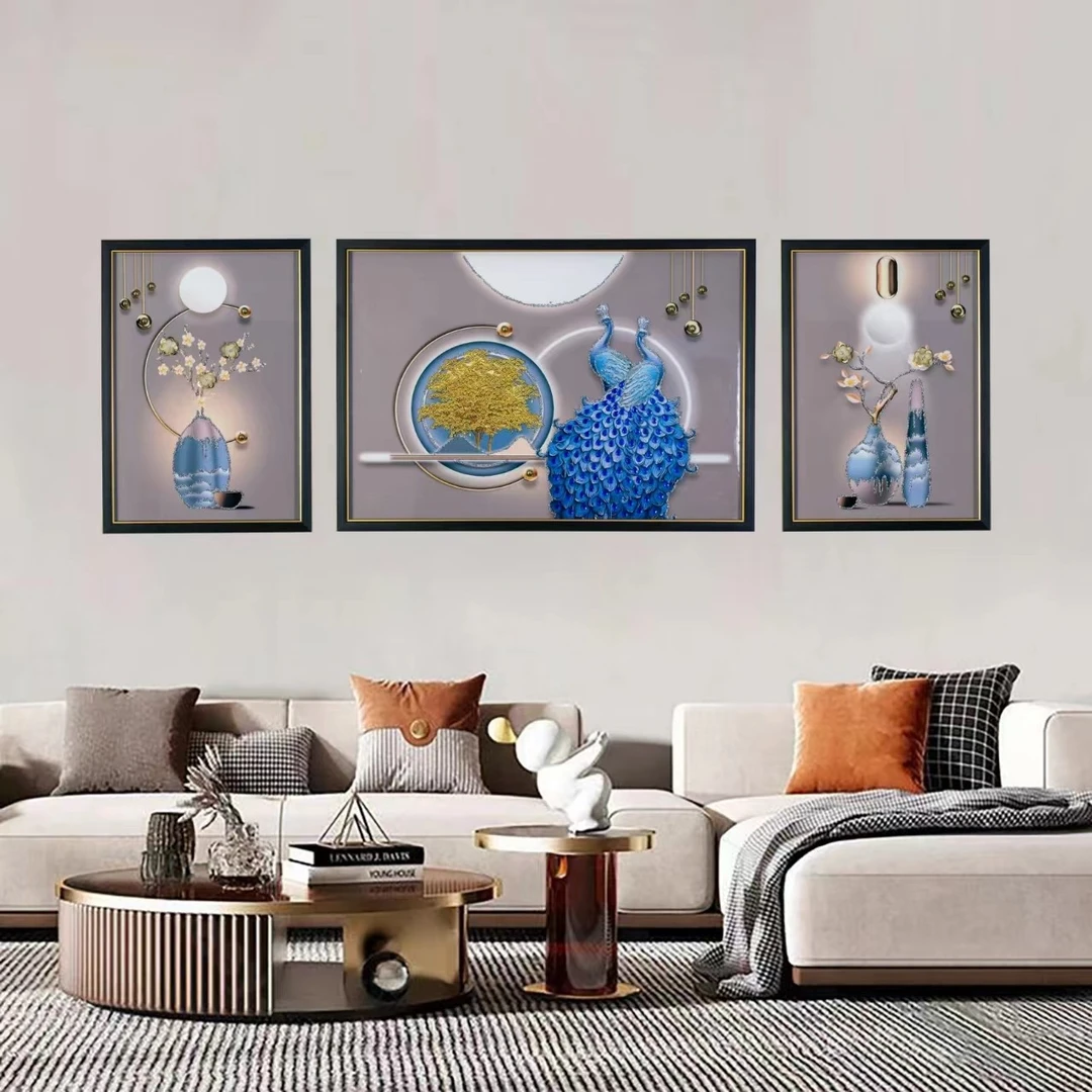 M11孔雀客厅装饰三联画富贵平安简约壁画现代轻奢沙发背景墙挂画