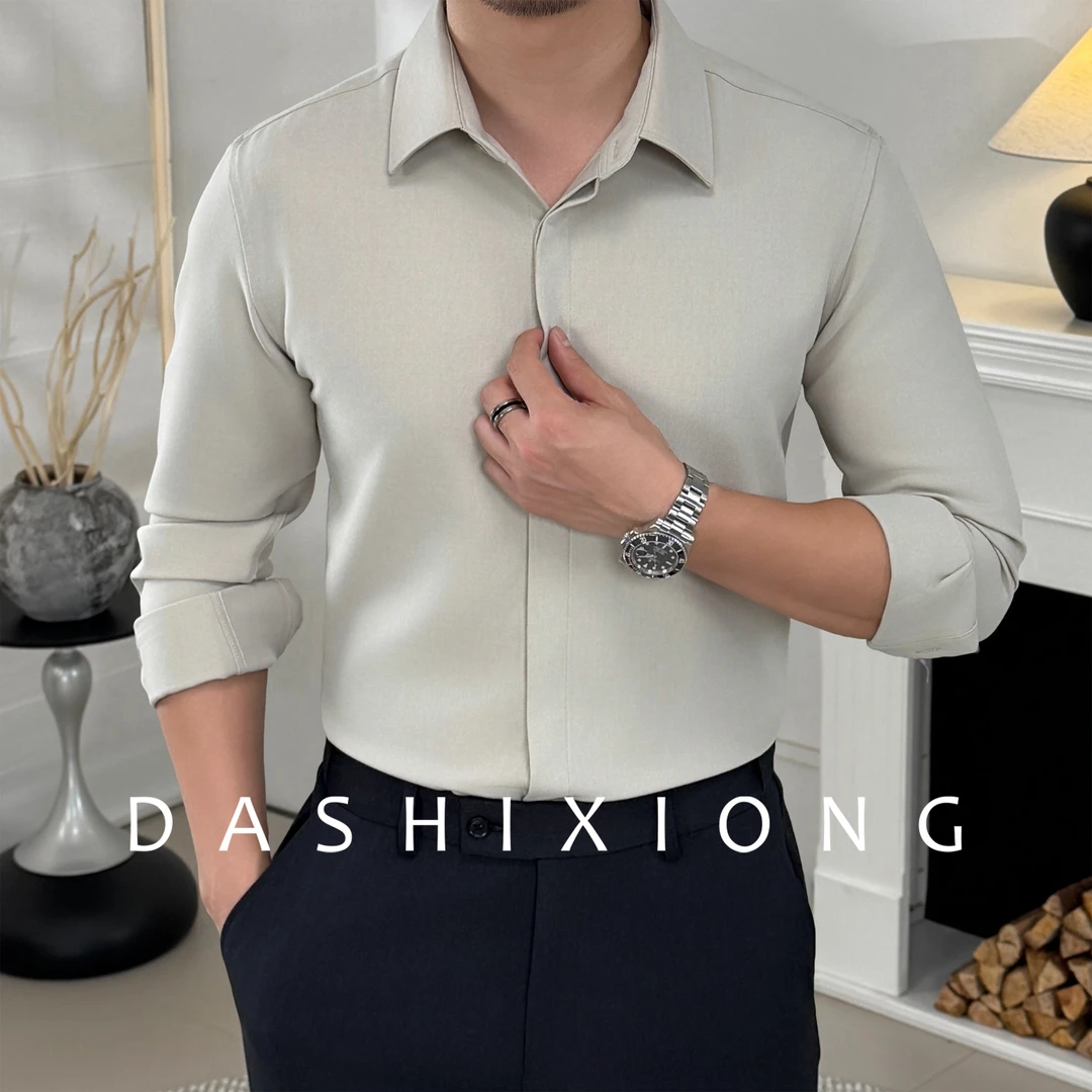 男士秋冬商务休闲羊毛翻领高品质修身纯色高级感修身长袖衬衫