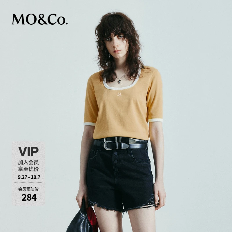 MOCO秋美式撞色镶边深U领斑驳LOGO短袖正肩T恤MBD3TEE022