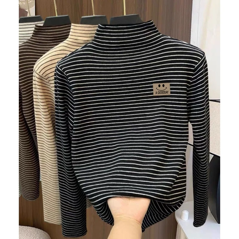 2025年新款半高领条纹打底衫女德绒长袖t恤保暖上衣内搭秋冬季潮