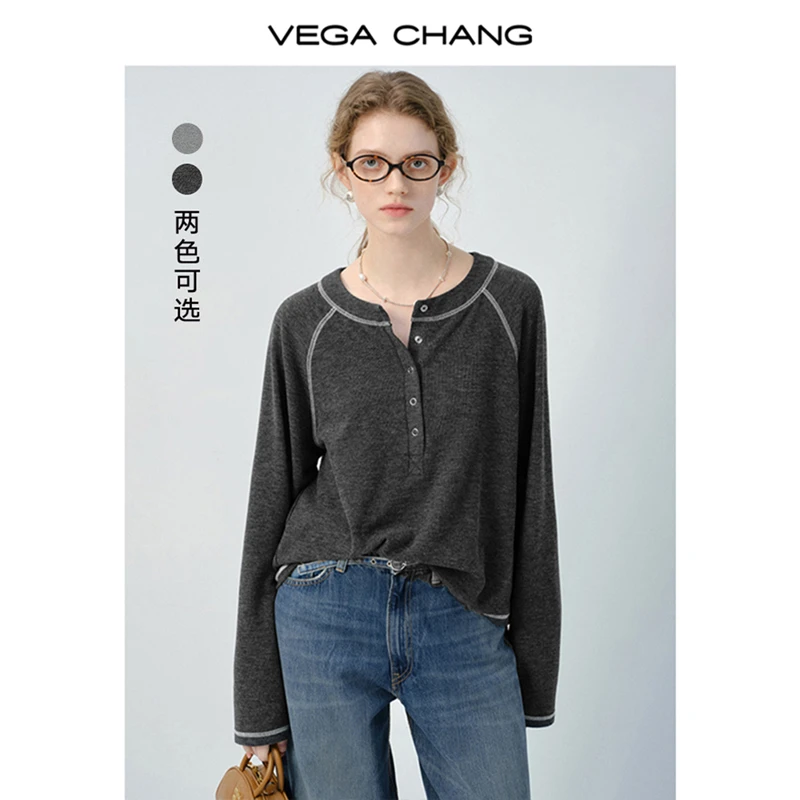 VEGA CHANG长袖T恤女2025年秋新款简约百搭绒感针织宽松上衣