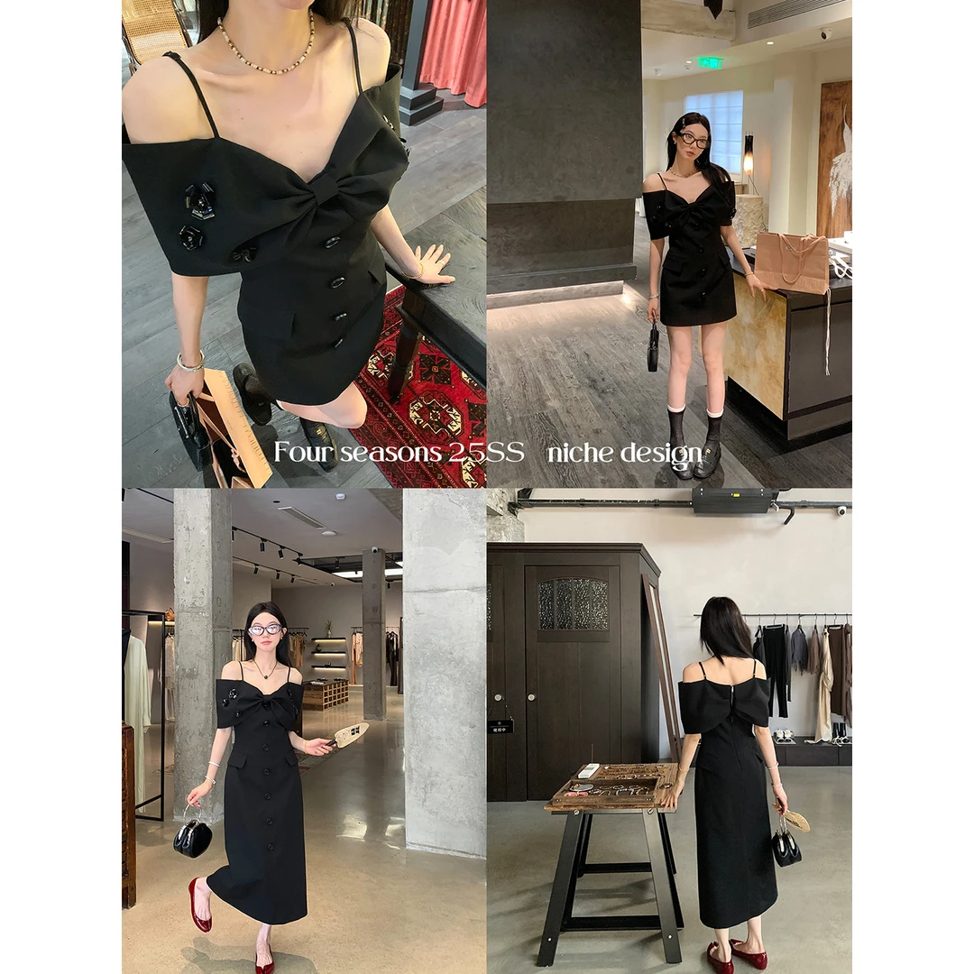 区区欧阳蝴蝶结黑色吊带连衣裙女夏季一字肩辣妹长裙收腰修身裙子