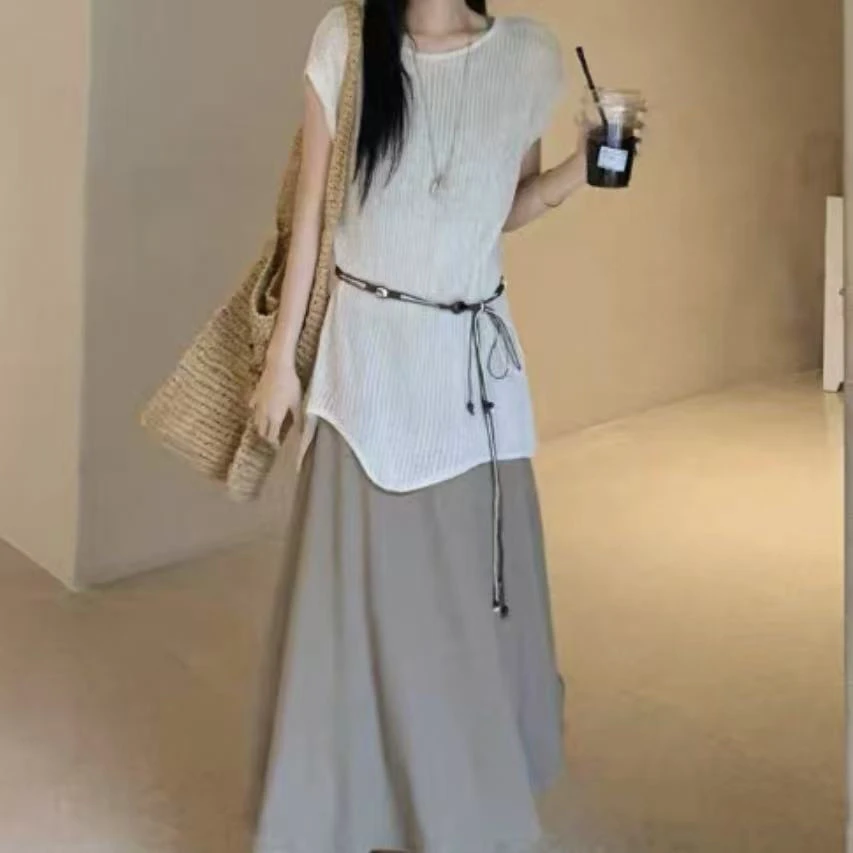 欧货新款夏2025高级感韩系镂空衫坎袖连衣裙两件套装