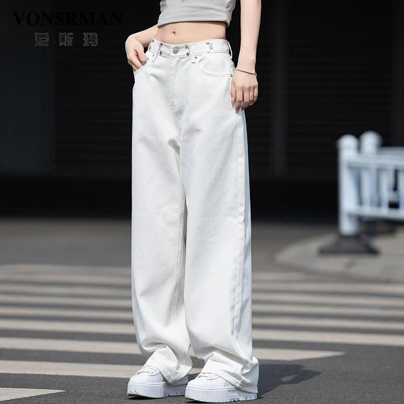 白色牛仔裤女2025年新款夏季窄版直筒裤设计感高腰裤子显瘦阔腿裤