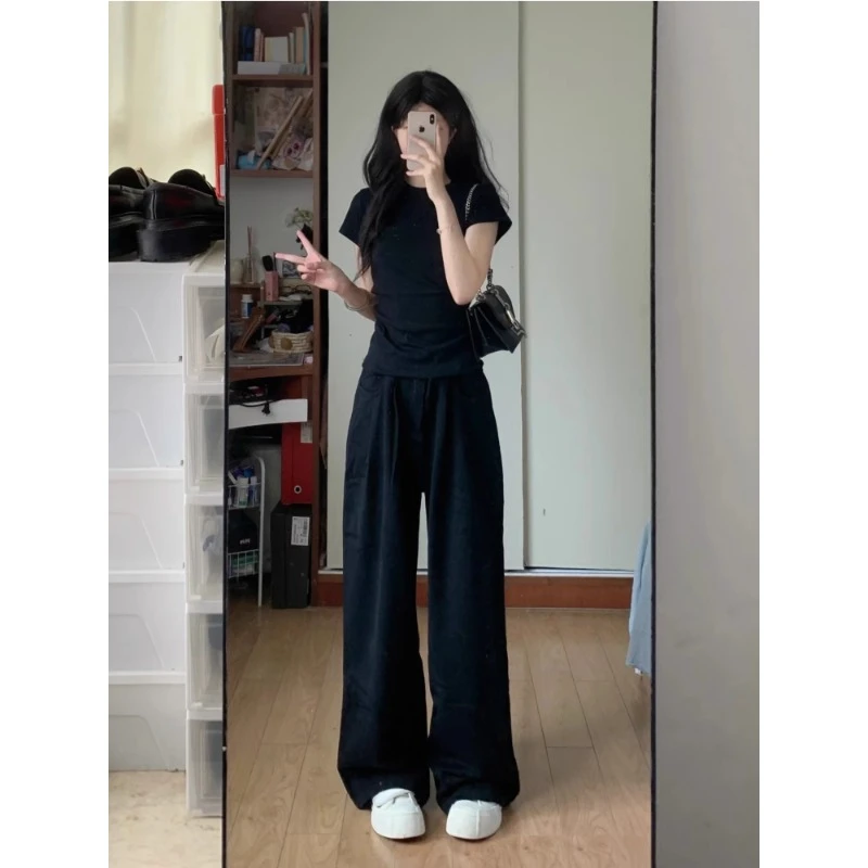 夏季休闲运动套装女盐系时尚穿搭正肩短袖阔腿裤减龄炸街两件套潮