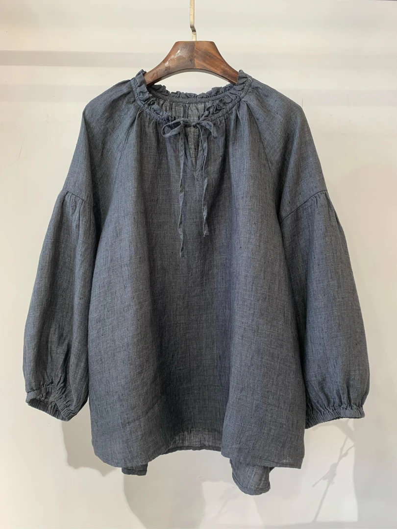 2025新款文艺森系日系木耳领套头汉麻衬衣宽松休MXQ 039