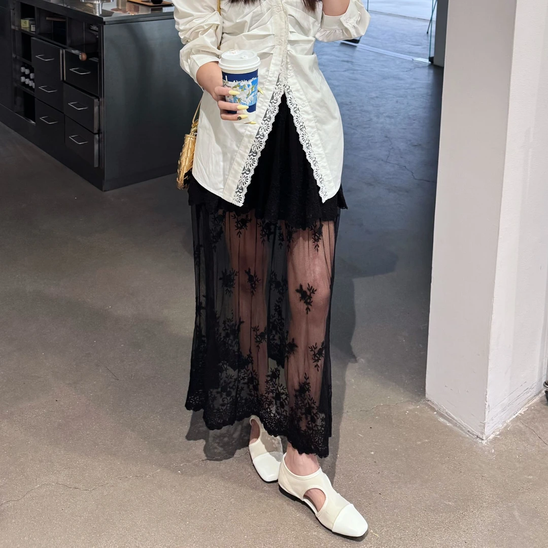 吉吉【繁星点缀】设计感复古蕾丝钩花网纱半身裙气质仙女裙#24118-1