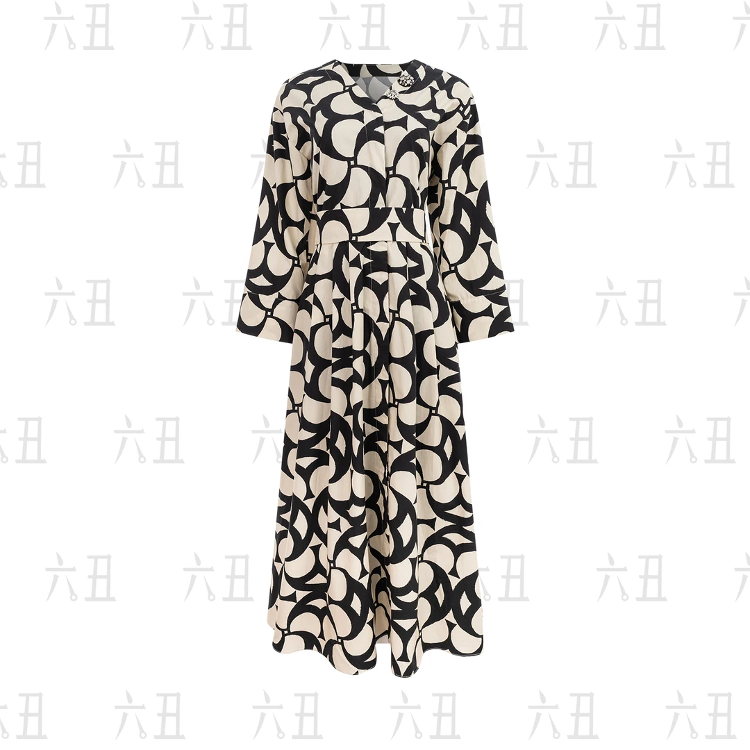 【六丑】新款气质优雅收腰显瘦黑白几何印花风衣连衣裙503LYQ0776