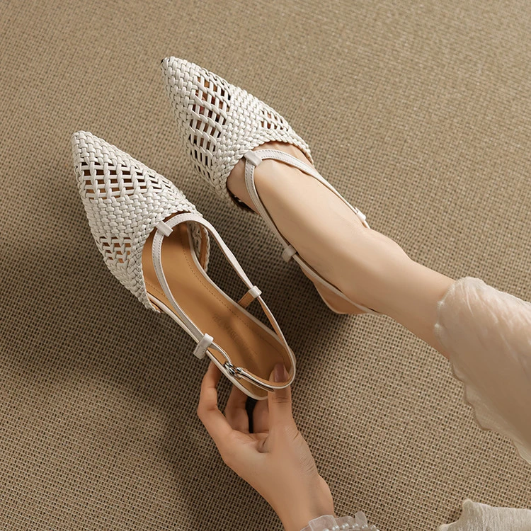 手工鞋~2cm编织镂空透气尖头后空包头凉鞋软底复古时尚小众夏季鞋