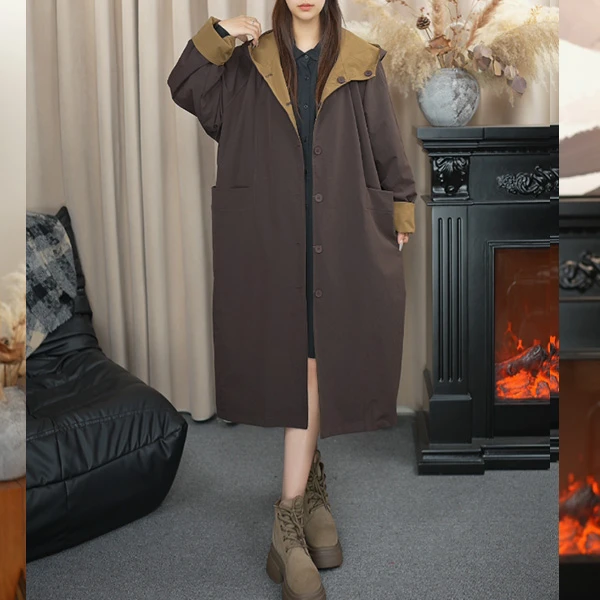 肉肉家 2025秋季新款休闲时尚欧韩连帽两面穿风衣外套0819