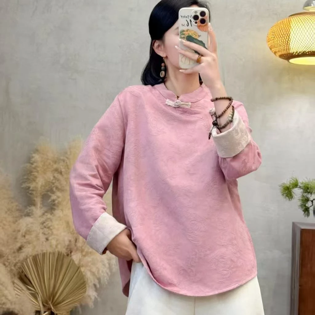 文艺复古长袖衬衫女洋气提花盘扣轻国风春季宽松显瘦百搭上衣恤