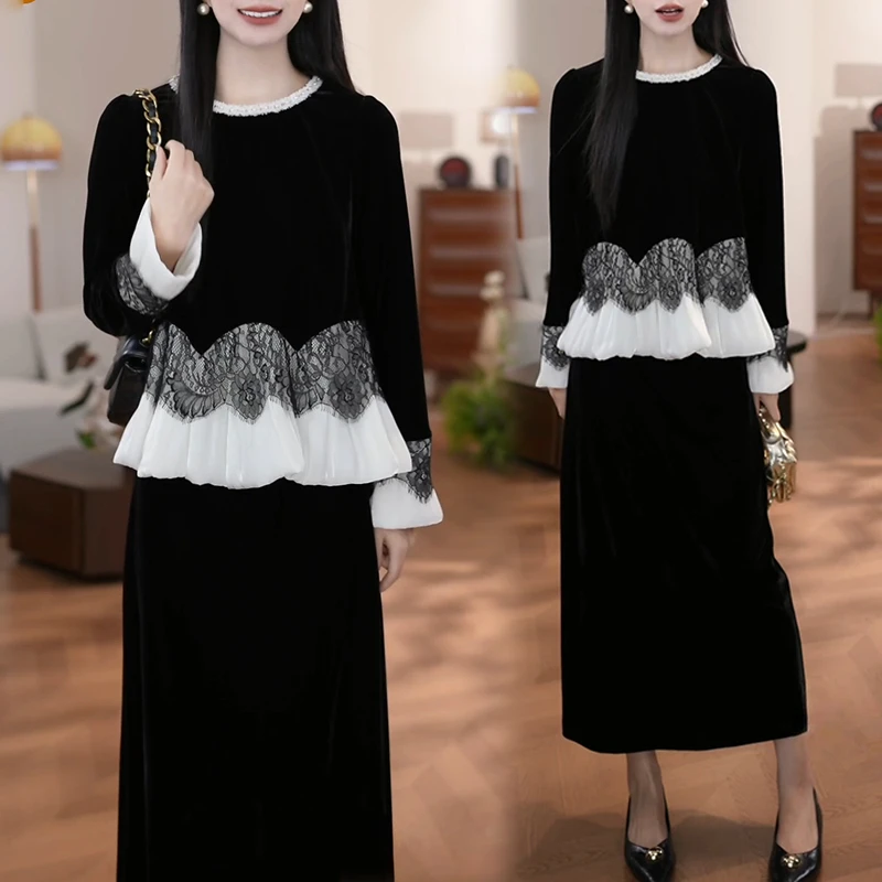 小众炸街高级感套装女2025春秋新款蕾丝提花长袖卫衣半身裙两件套