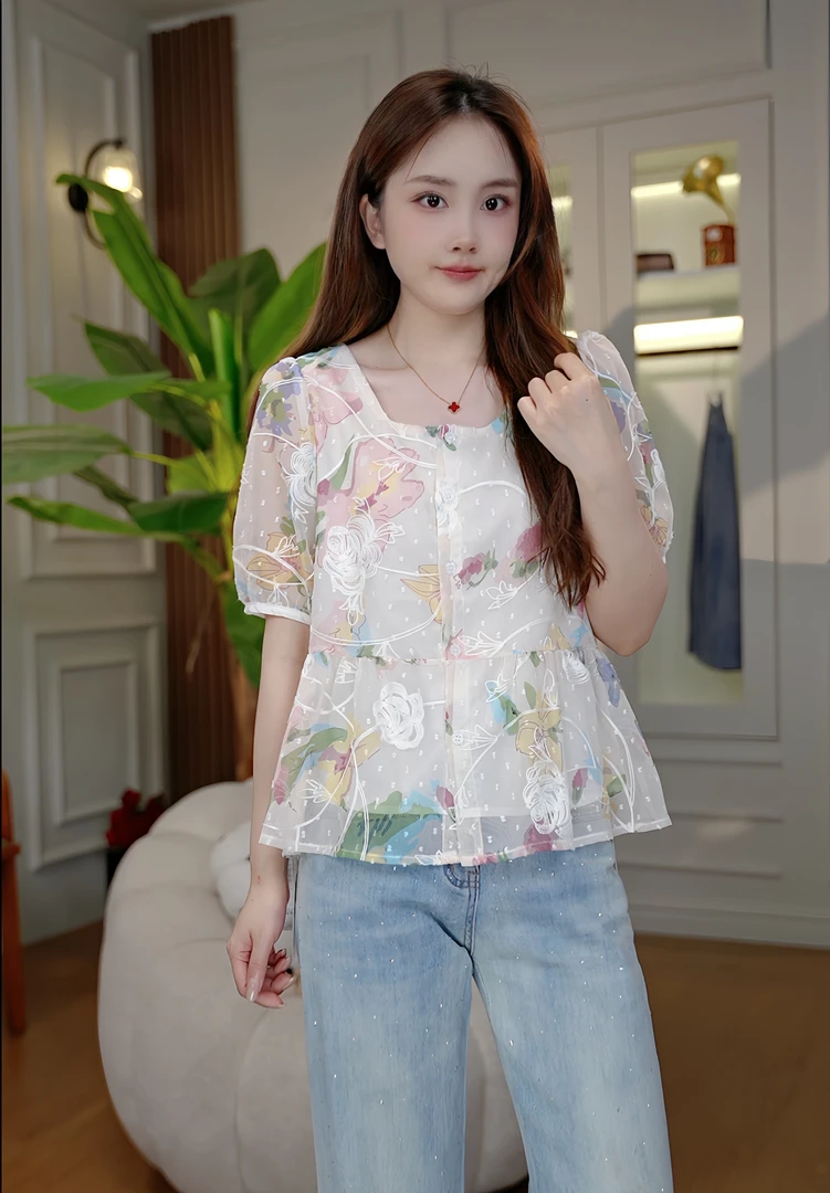 （花宝）夏季新款方领碎花洋气超仙小衫小上衣2951