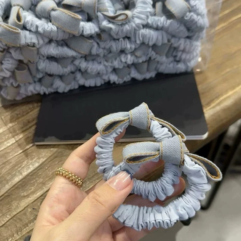 韩国东大门新款清新奶油色蓝色打结蝴蝶结大肠圈高弹力头绳丸子头