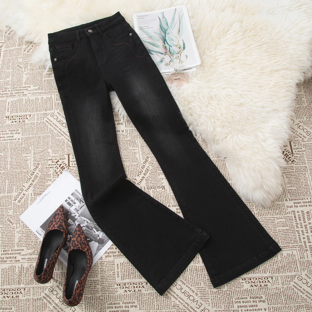 2025秋季新款黑灰微喇牛仔裤女长裤高腰显瘦百搭弹力拖地喇叭加长