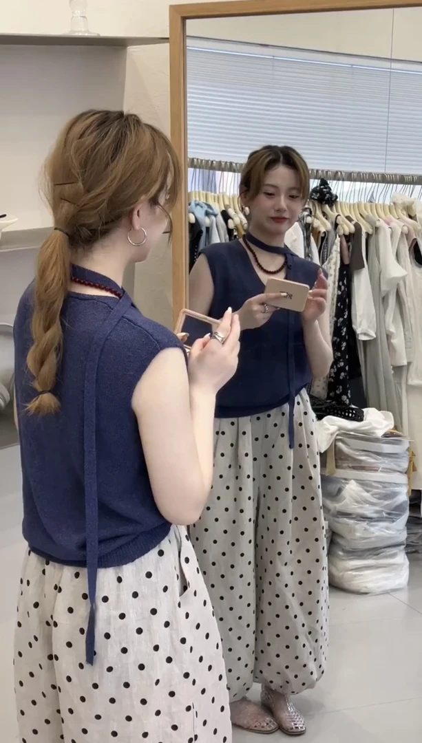 2025夏季新款韩系高级小众藏蓝色V领飘带上衣高腰波点休闲裤套装