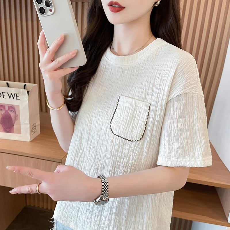 洋气减龄圆领肌理感短袖t恤女夏季新款韩版宽松简约百搭显瘦上衣