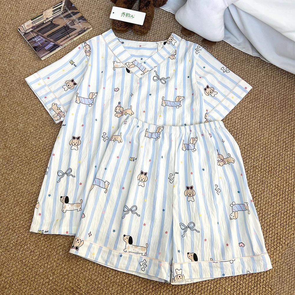 夏季新款条纹腊肠狗卡通云朵棉睡衣女宽松可爱家居服可外穿日系