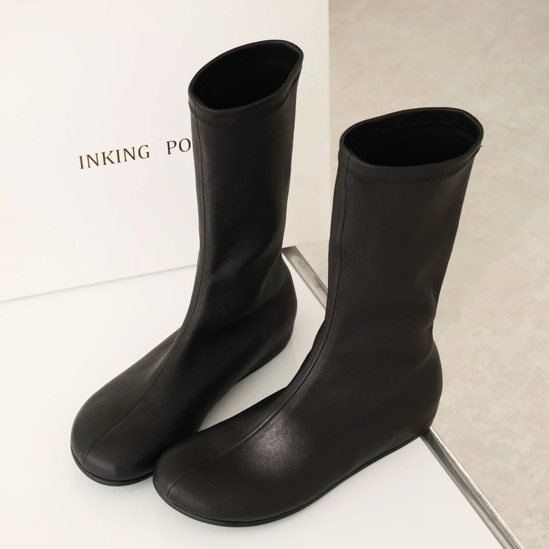 Inking Pot复古小众圆头真皮植鞣羊皮弹力靴女中筒瘦瘦靴短靴