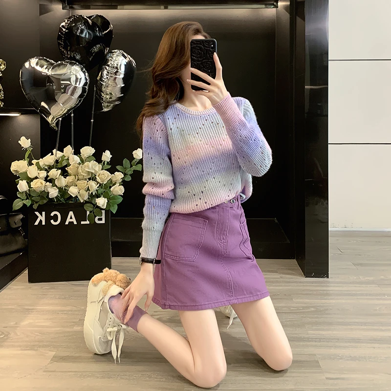 韩系穿搭一整套女2025秋季多巴胺洋气紫色针织毛衣牛仔短裙两件套
