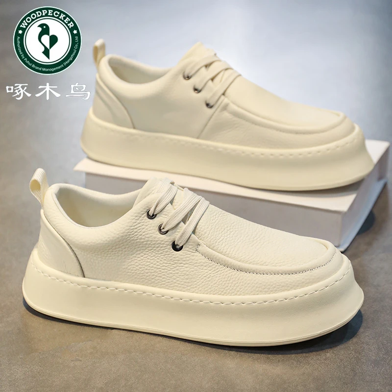 【正品】啄木鸟男鞋懒人韩版百搭休闲平板鞋厚底运动一脚蹬皮鞋男士