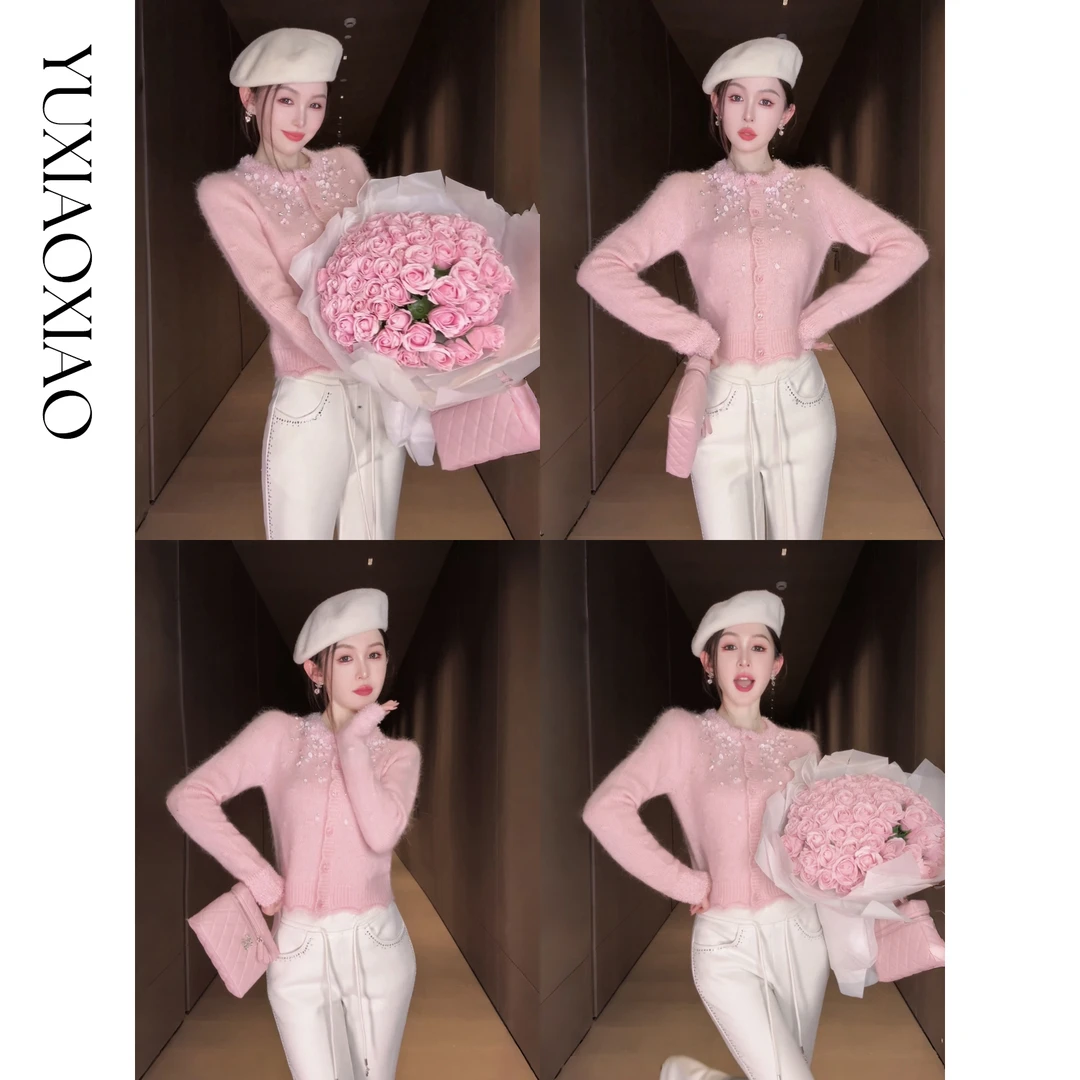 余潇潇【樱花降落】羊驼毛羊毛混纺珠片水钻立体花朵羊毛衫圆领开衫