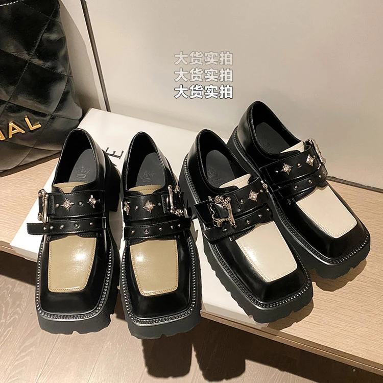 时尚百搭乐福鞋厚底复古黑色单鞋粗跟皮鞋众水钻铆钉真皮方头女鞋