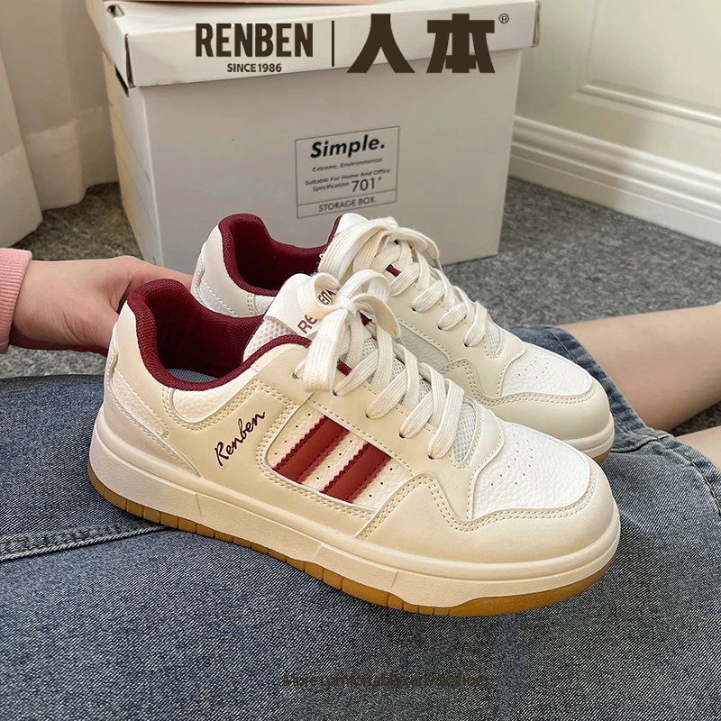 人本2025双杠小白鞋女新款秋季厚底鞋子女款百搭休闲运动小众板鞋