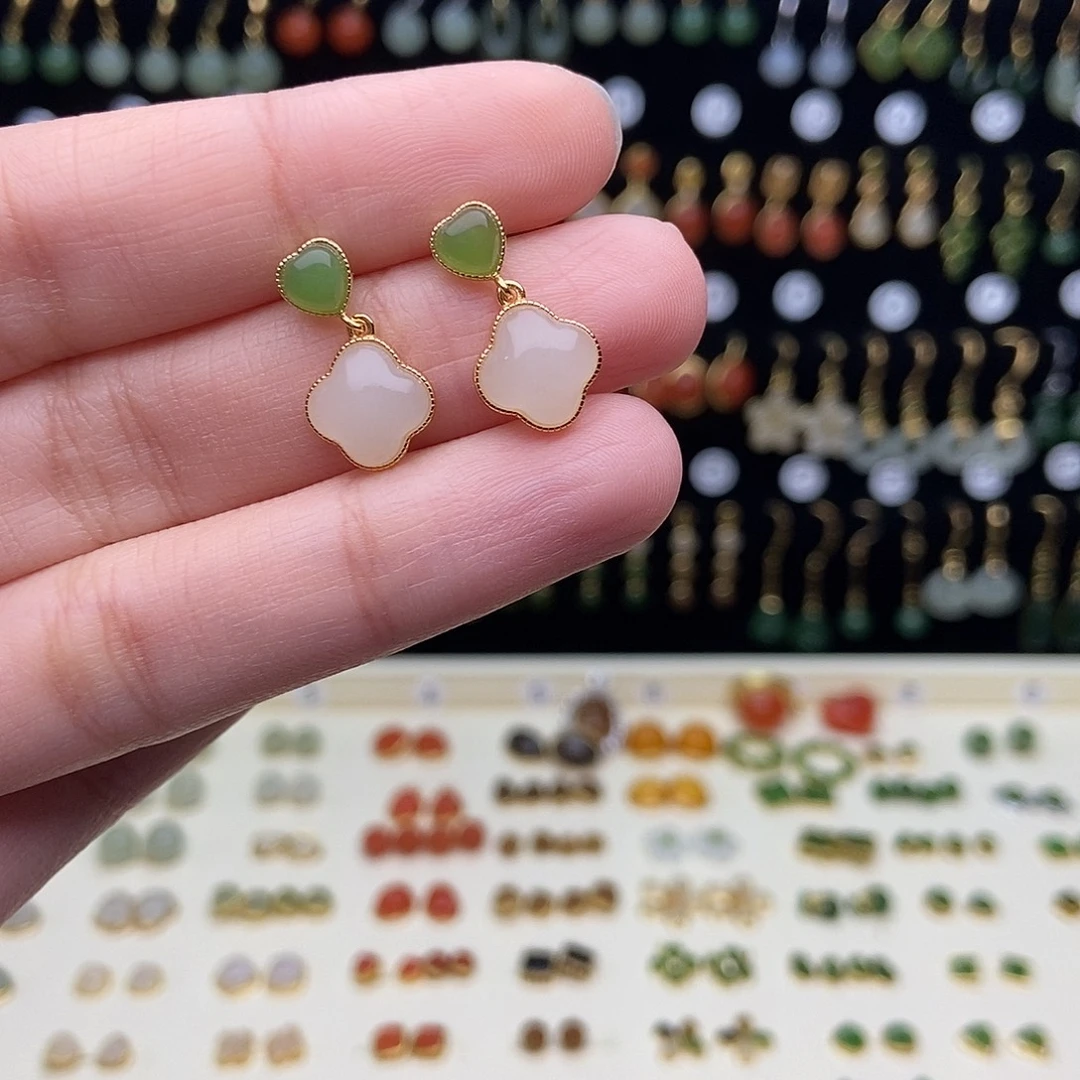 和田玉银S925镀金镶嵌耳饰