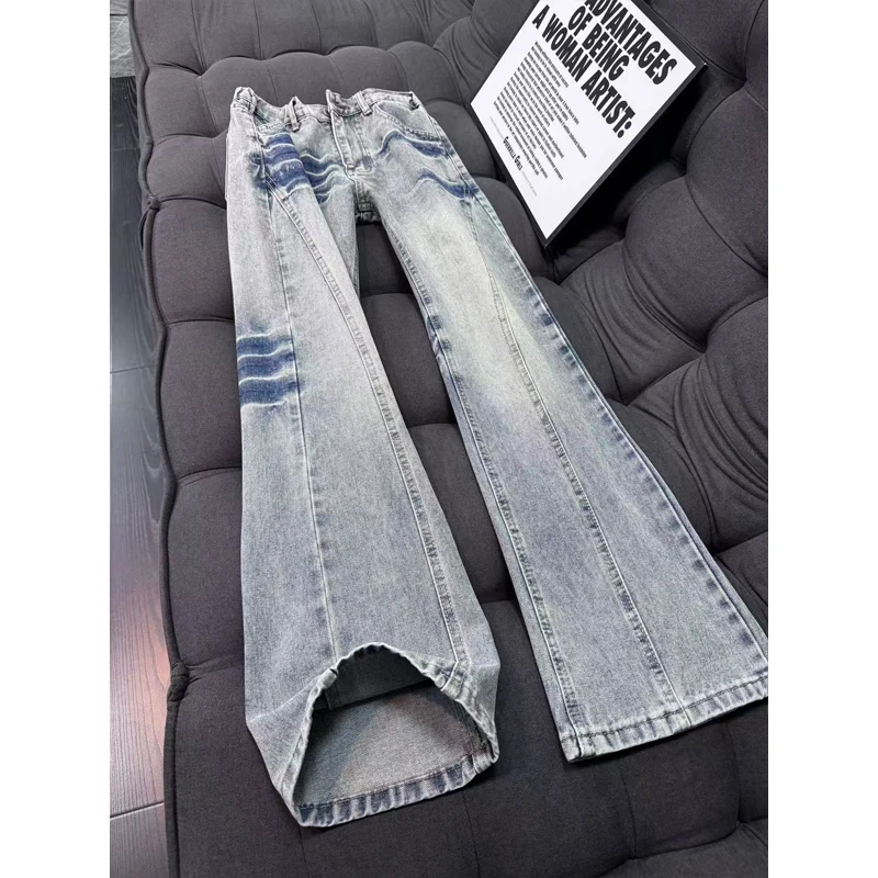 蓝色斜切闪电纹牛仔裤男款美式高街vibe修身裤子显瘦显腿长微喇裤